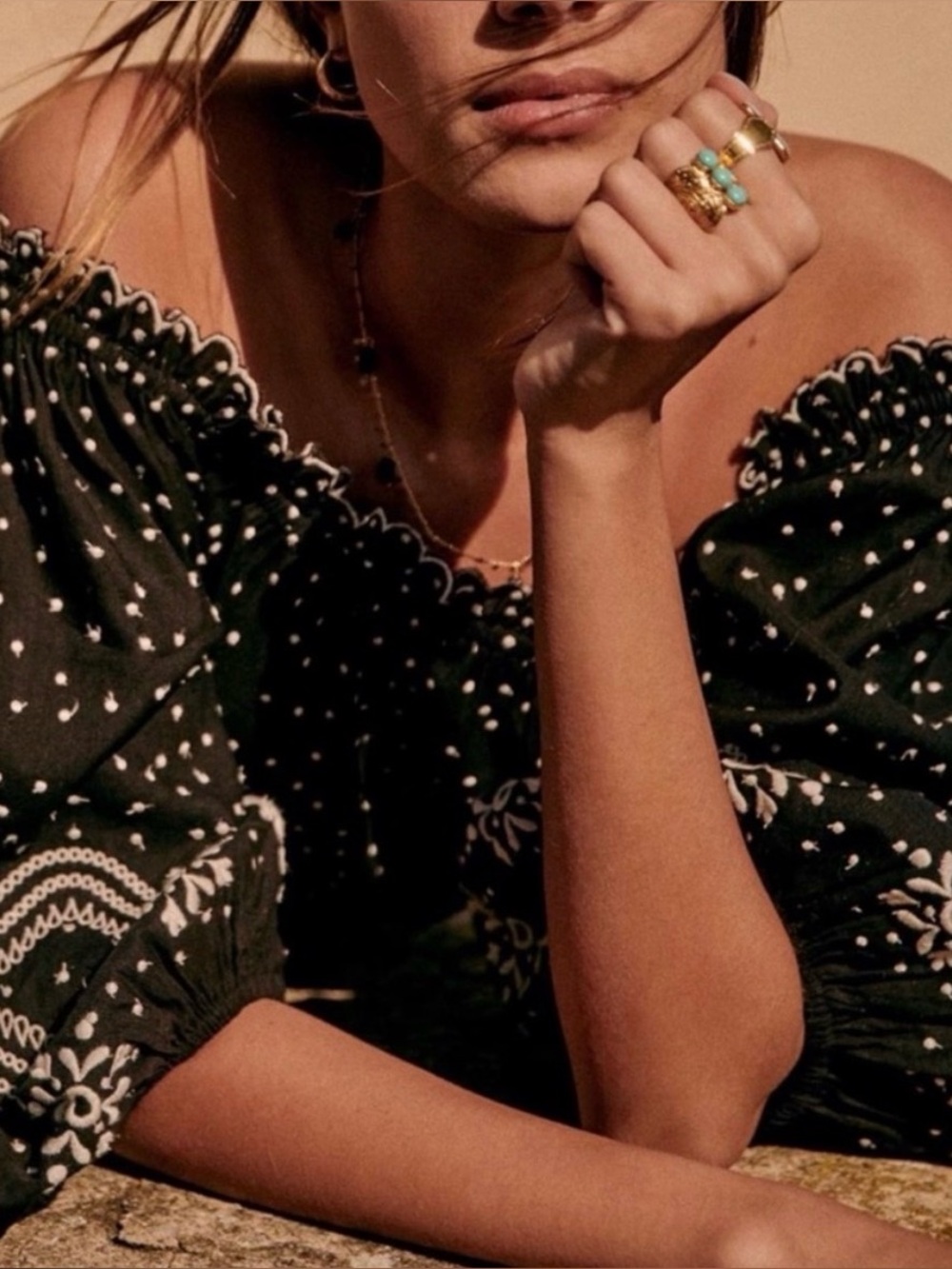 Sezane Black Off-Shoulder Bandana Print Blouse